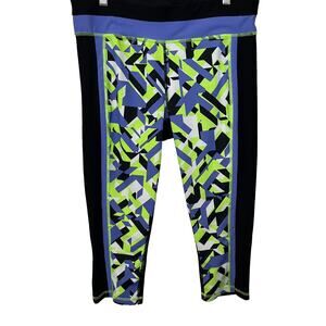 XERSION FITTED CROPPED LEGGINGS, WOMENS, L. BLACK YELLOW BLUE ABSTRACT, YOGA-GYM